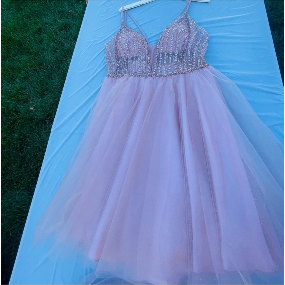 May Queen Pink Embellished Tiered Prom Dress - Picture 3 of 8